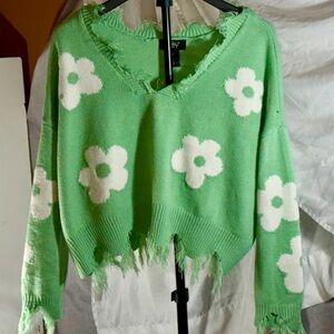 Just Polly Green Floral V-Neck Sweater Fringed Cropped Knit Size Small